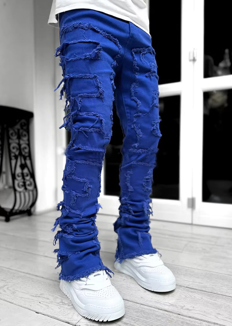 New Premium Vintage Blue Stacked Jeans for Men Stretchy Raw Frayed Denim Destroyed Washed Patchworks Pants