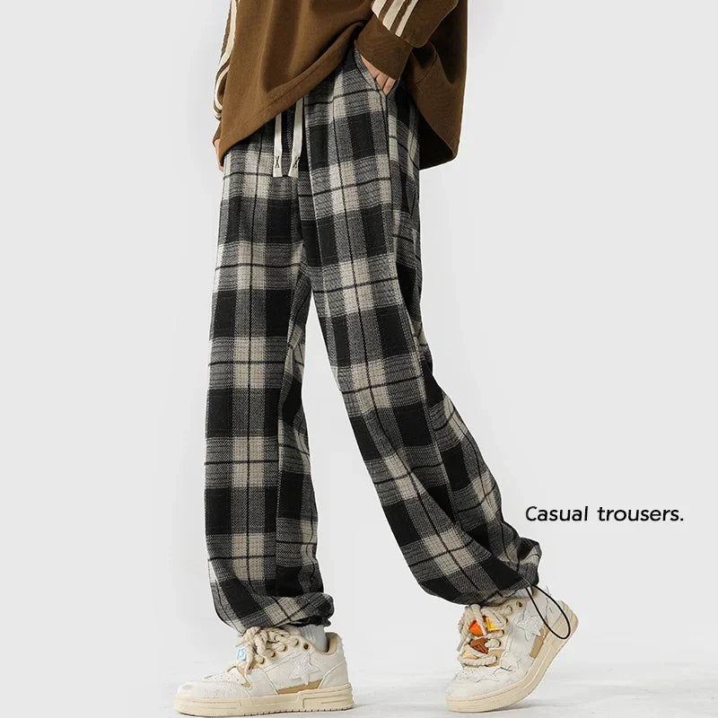 High Street Plaid Drawstring Pants Men'S Oversize Straight Leg Pants Korean Fashion Unisex All-Match Wide Trousers Joggers Pants