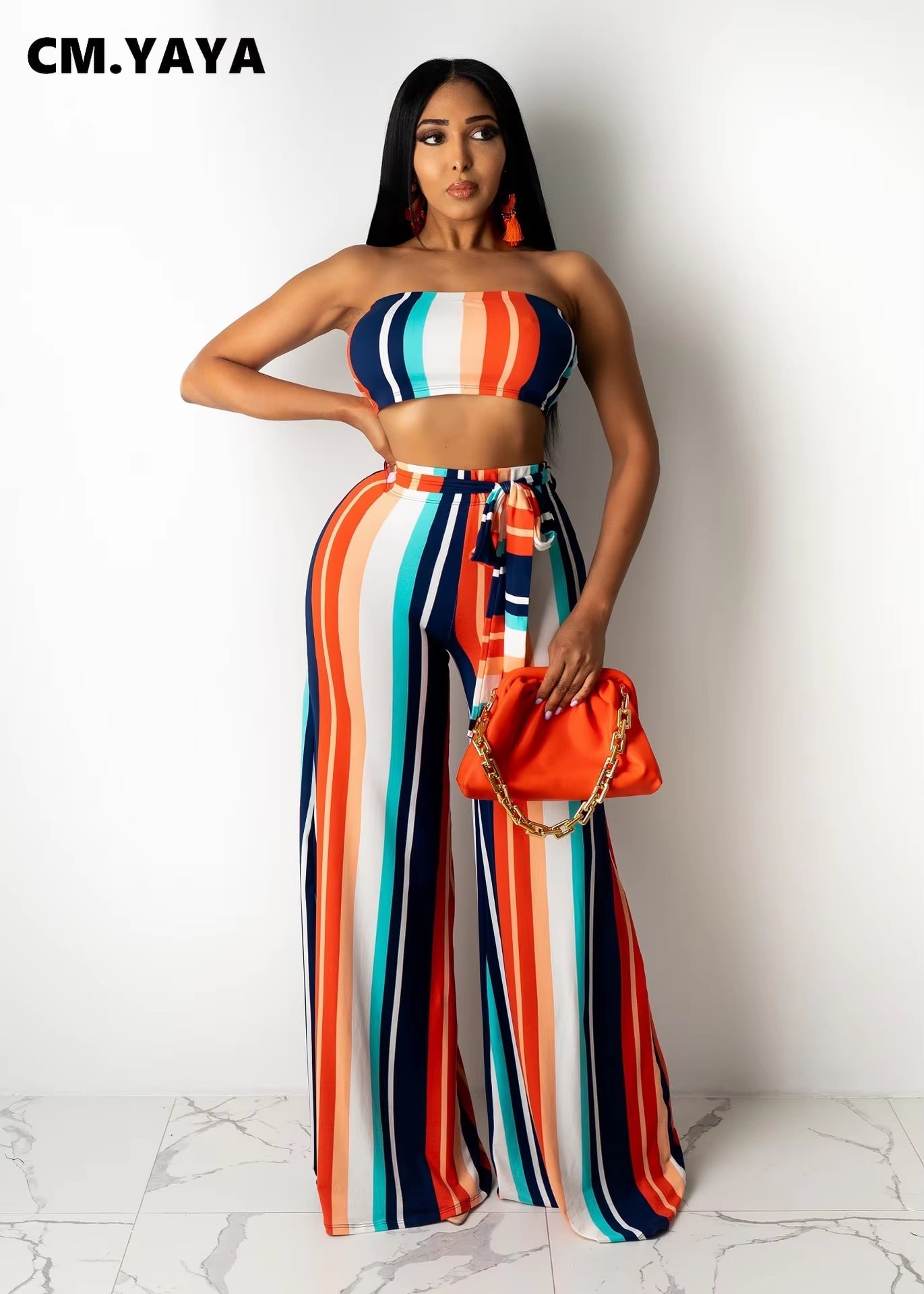 Women Set Striped Sleeveless Strapless Crop Tops Bandage Sashes Loose Floor Length Pants 2 Piece Set Tracksuit Outfit