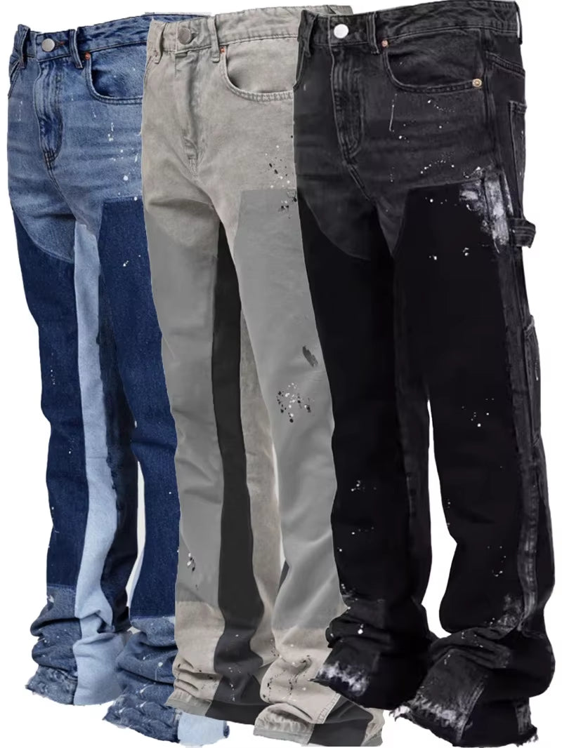 Y2K Jeans Painting Patch Baggy Stacked Jeans 2024 Fashion Work Wear Popular Stretch Patch Denim Stacked Flare Streetwear Pants