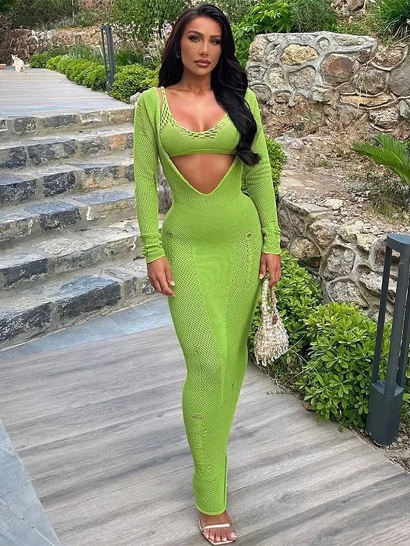 Crochet 2 Piece Sets Solid Camis V Neck Long Sleeve Sexy Reversible Maxi Dress Fall Women Elegant Festival Party Outfit