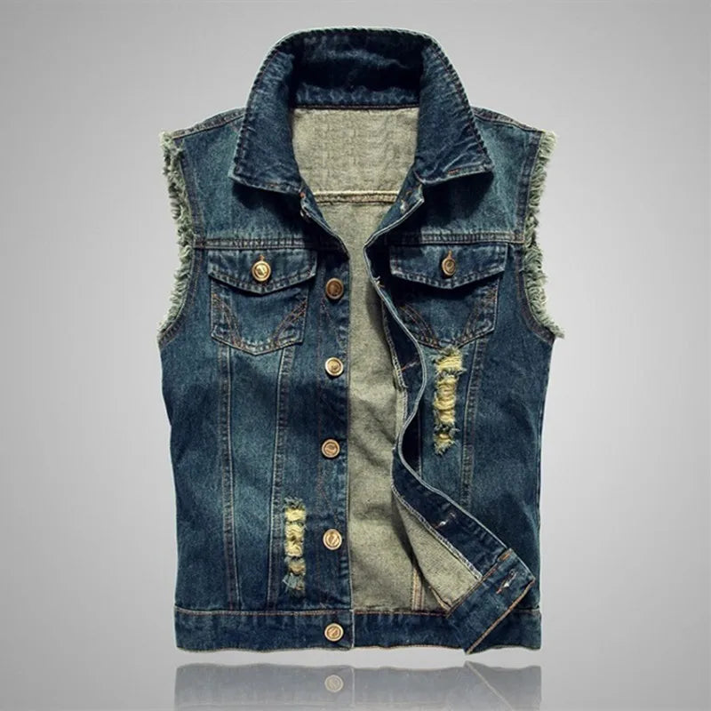 2023 Spring Mens Sleeveless Jeans Jacket Men Blue Black Denim Jeans Vest Men Cowboy Denim Vest Mens Jeans Waistcoat