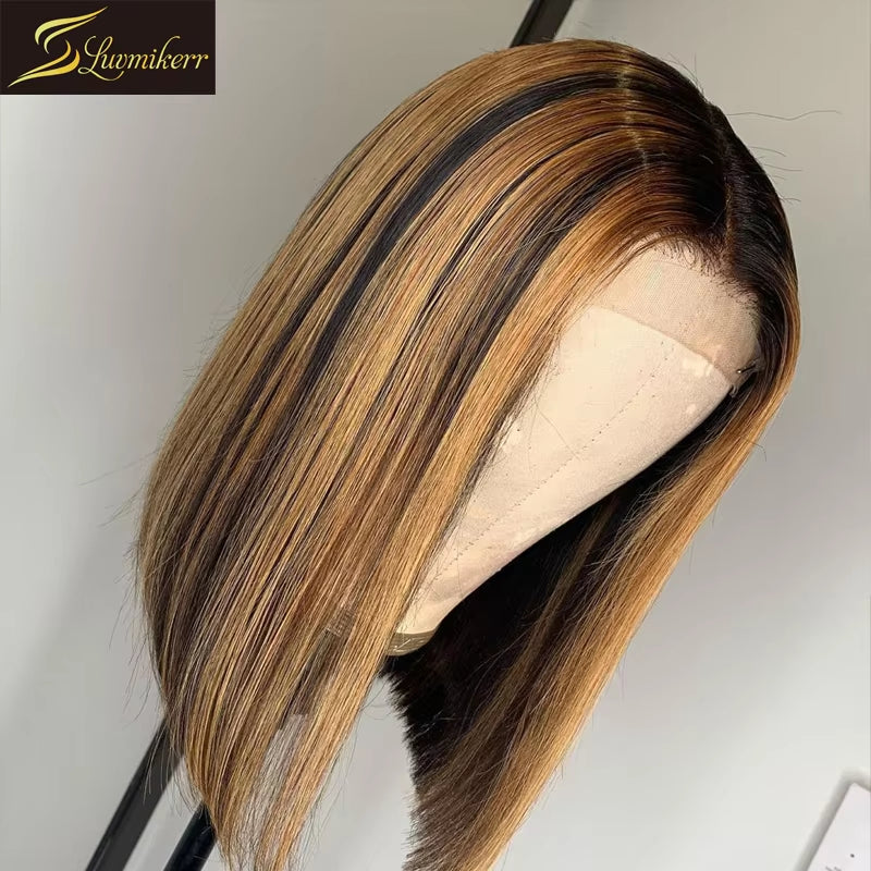 13X6 Highlighted Wig Ombre Brown Honey Blonde Short Bob Wig HD Lace Front Wig Colored 360 Frontal Human Hair 4X4 Closure Wig