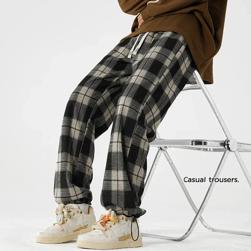 High Street Plaid Drawstring Pants Men'S Oversize Straight Leg Pants Korean Fashion Unisex All-Match Wide Trousers Joggers Pants