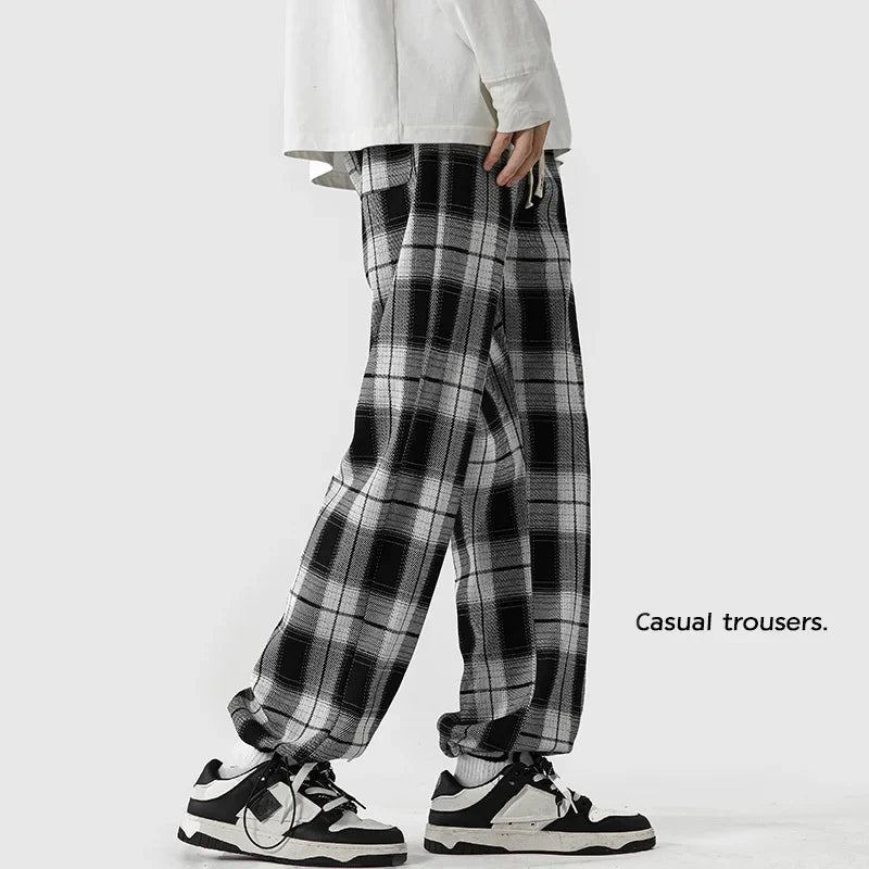 High Street Plaid Drawstring Pants Men'S Oversize Straight Leg Pants Korean Fashion Unisex All-Match Wide Trousers Joggers Pants