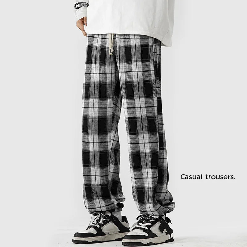 High Street Plaid Drawstring Pants Men'S Oversize Straight Leg Pants Korean Fashion Unisex All-Match Wide Trousers Joggers Pants