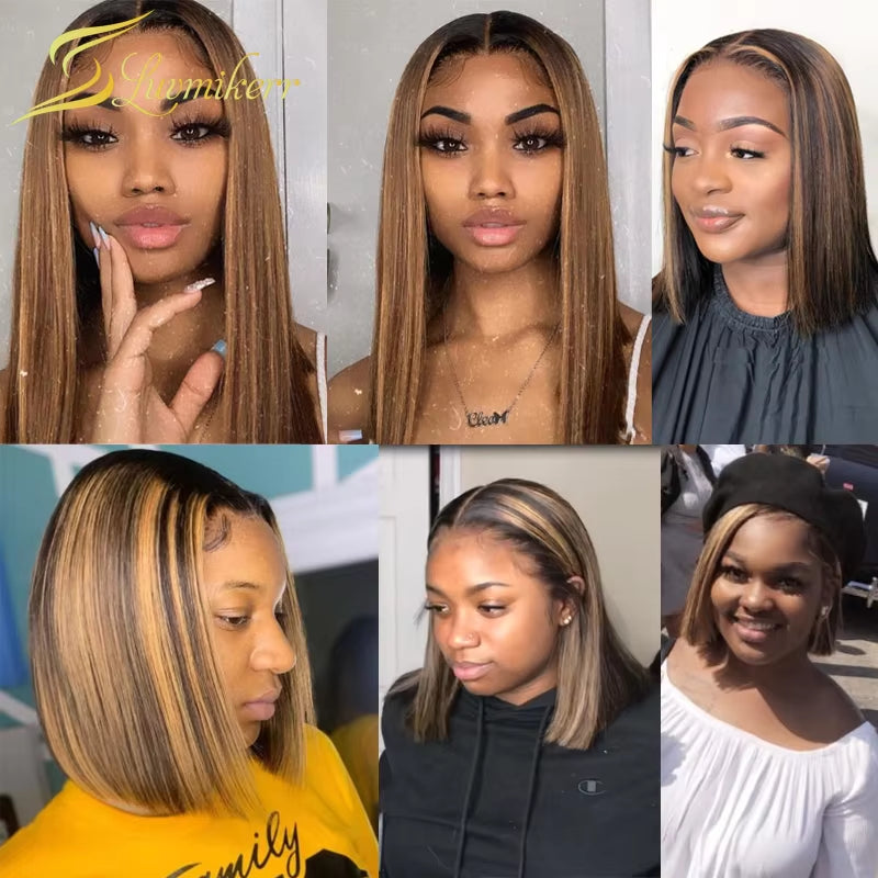 13X6 Highlighted Wig Ombre Brown Honey Blonde Short Bob Wig HD Lace Front Wig Colored 360 Frontal Human Hair 4X4 Closure Wig