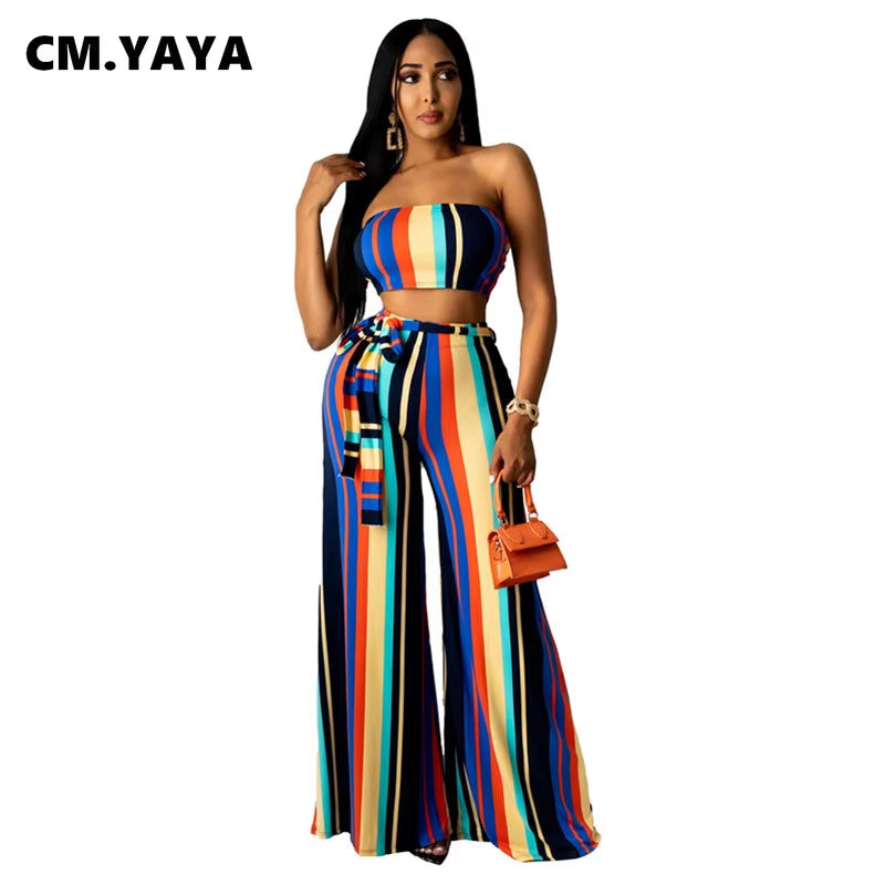 Women Set Striped Sleeveless Strapless Crop Tops Bandage Sashes Loose Floor Length Pants 2 Piece Set Tracksuit Outfit