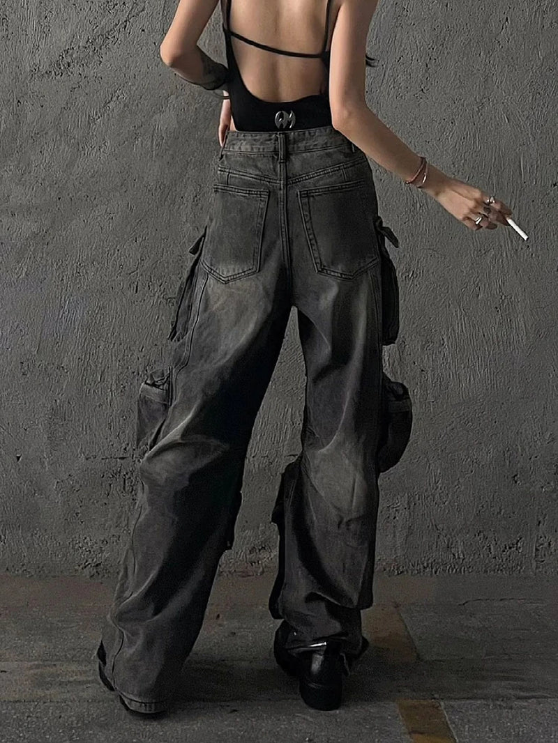 Women Baggy Y2K Goth Cyber Punk Denim Pants Cargo Pants Mom Jeans Grunge Dark Academia Harajuku Fashion Stacked Jeans Hip-Pop