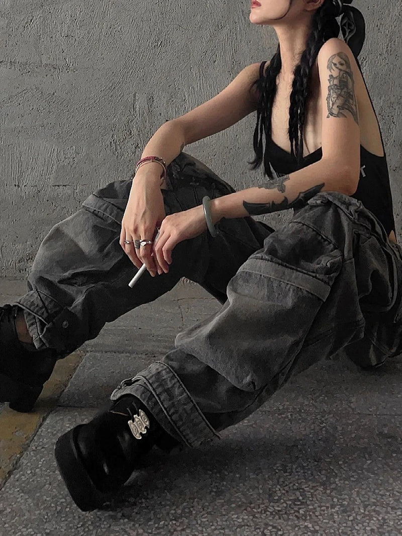 Women Baggy Y2K Goth Cyber Punk Denim Pants Cargo Pants Mom Jeans Grunge Dark Academia Harajuku Fashion Stacked Jeans Hip-Pop