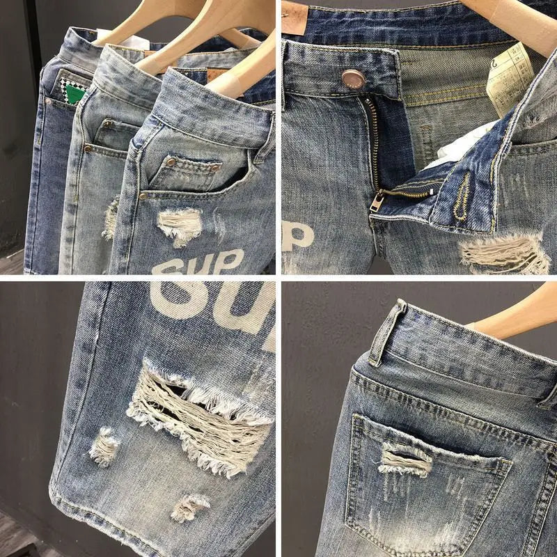 Fashion Stylish Designer Luxurious Men'S Slim Jeans for Summer Fashion with Distressed Designer and Stylish Ripped Holes Shorts