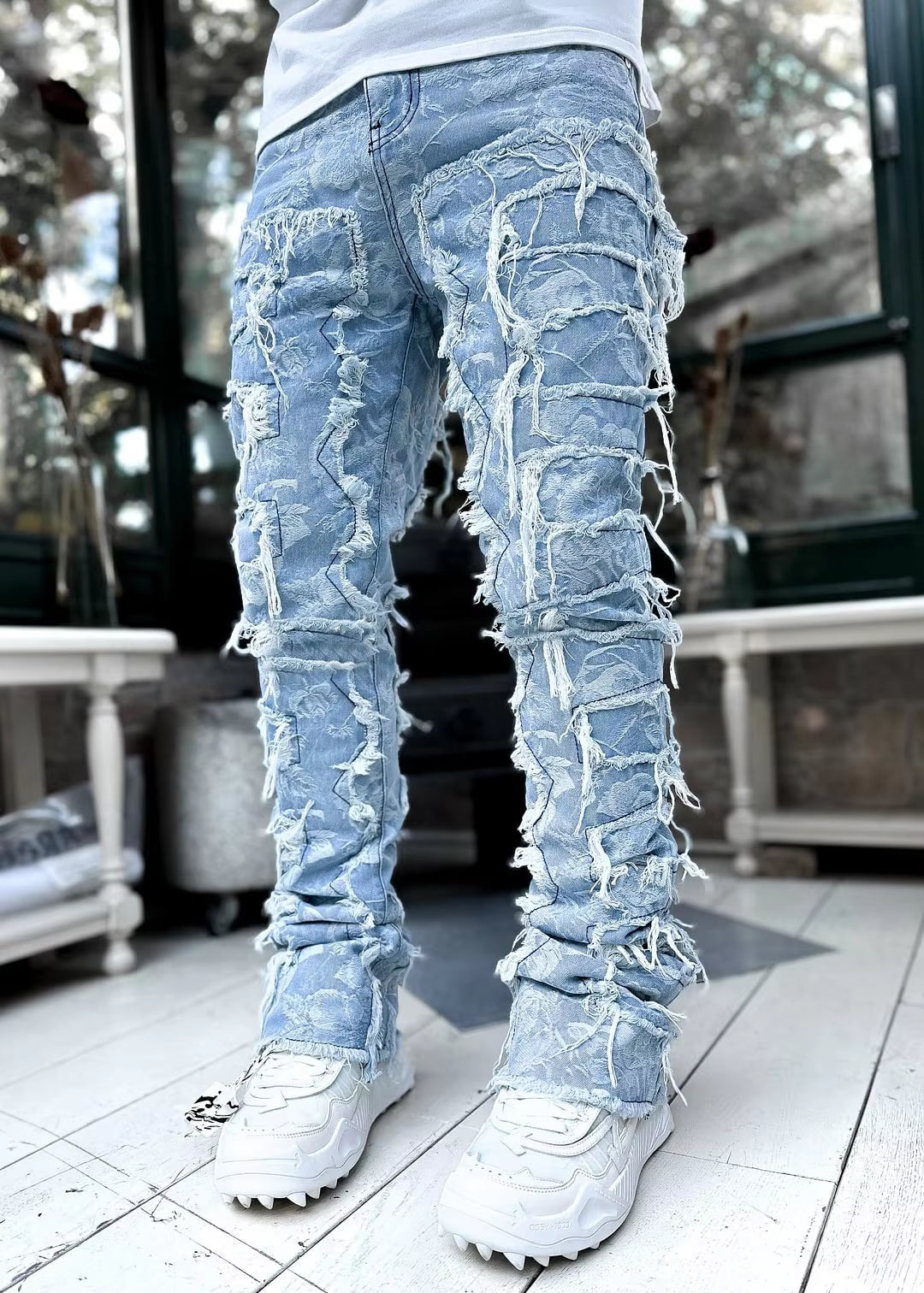 New Premium Vintage Blue Stacked Jeans for Men Stretchy Raw Frayed Denim Destroyed Washed Patchworks Pants