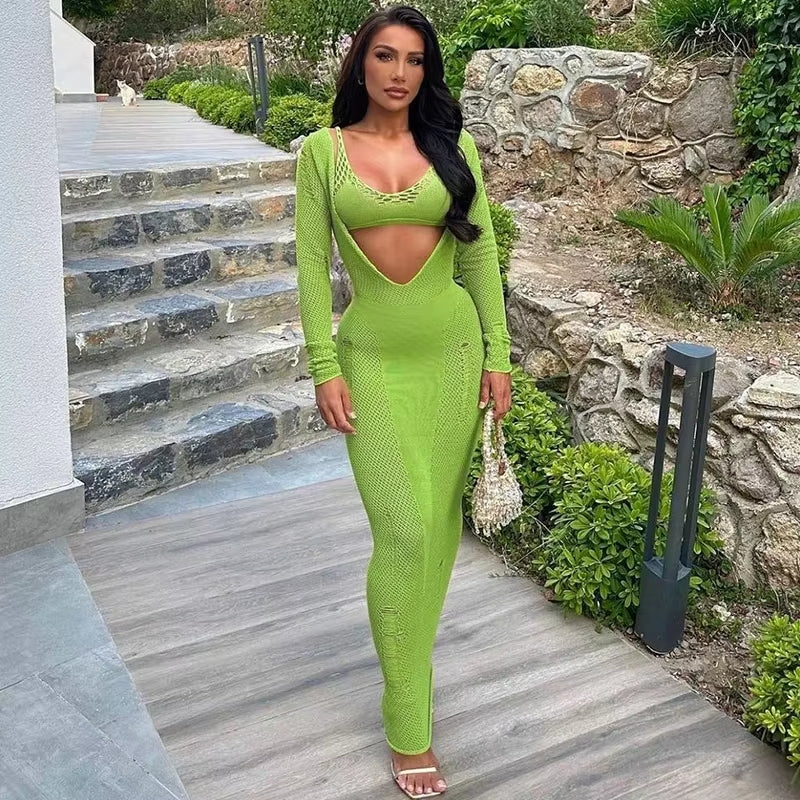 Crochet 2 Piece Sets Solid Camis V Neck Long Sleeve Sexy Reversible Maxi Dress Fall Women Elegant Festival Party Outfit