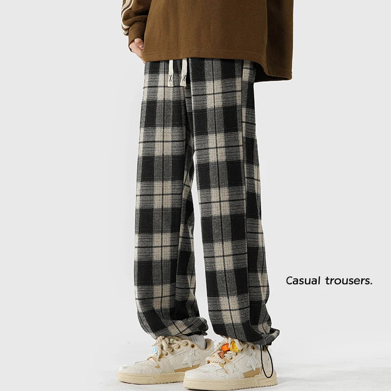 High Street Plaid Drawstring Pants Men'S Oversize Straight Leg Pants Korean Fashion Unisex All-Match Wide Trousers Joggers Pants