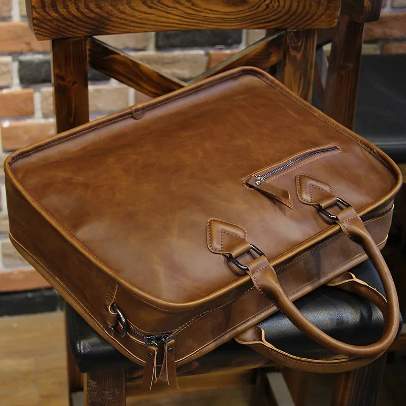 Men Vintage Briefcase Handbag Crazy Horse Pu Leather 13Inch Big Laptop Bags Business Brown Messenger Shoulder Bag Man