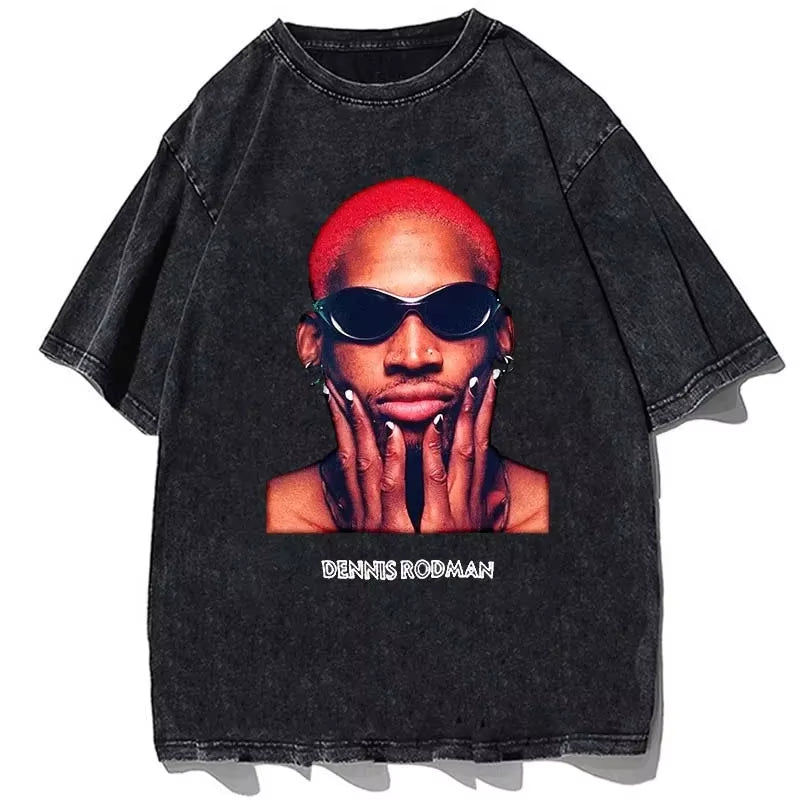 Hip Hop Streetwear Men Dennis Rodman T Shirt Rapper Print T-Shirt Washed Short Sleeve Harajuku Tee Tshirt Portrait Graphic