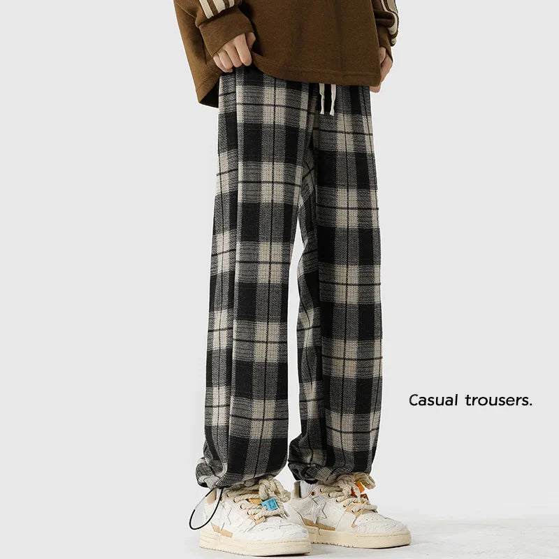 High Street Plaid Drawstring Pants Men'S Oversize Straight Leg Pants Korean Fashion Unisex All-Match Wide Trousers Joggers Pants