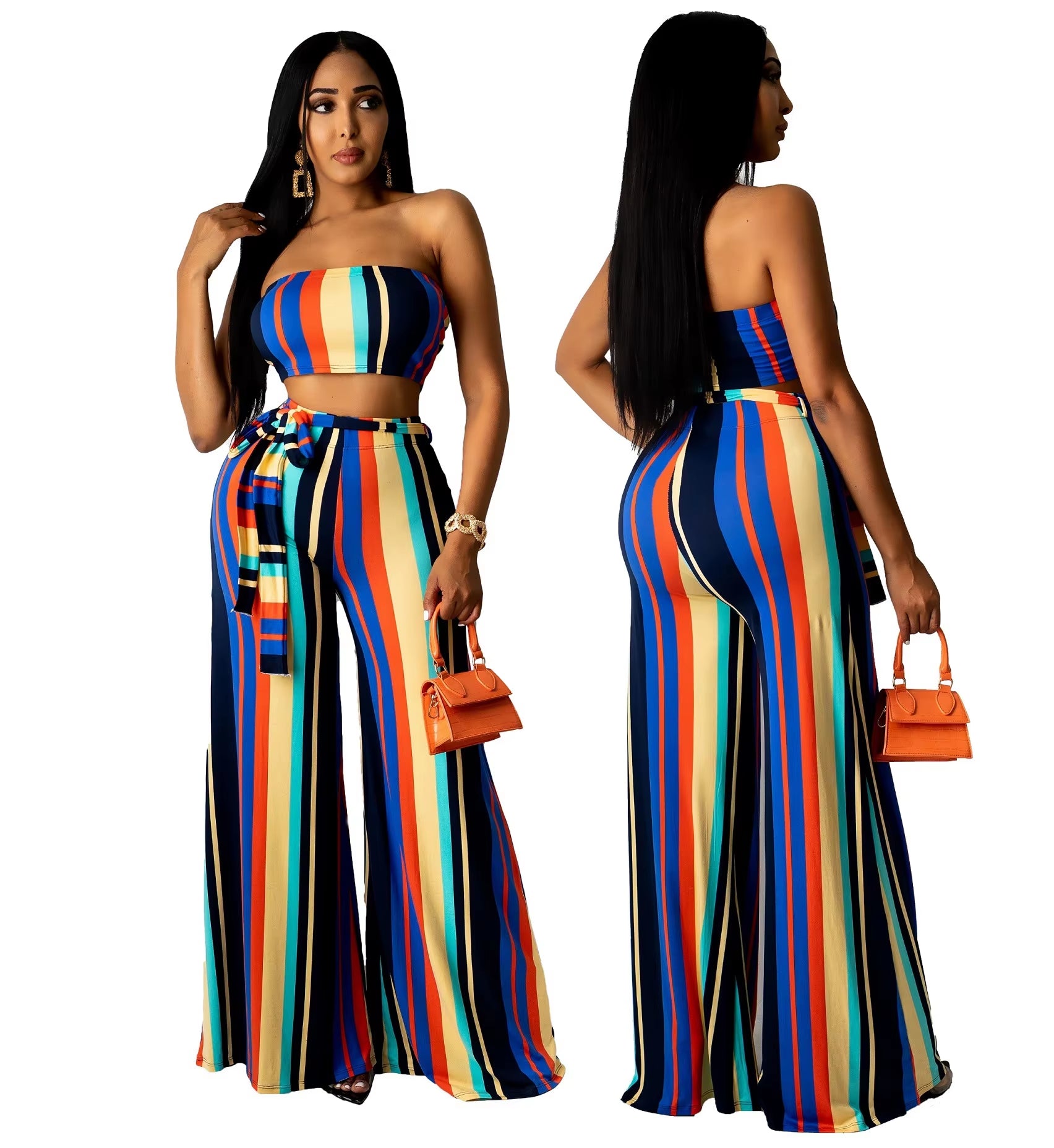 Women Set Striped Sleeveless Strapless Crop Tops Bandage Sashes Loose Floor Length Pants 2 Piece Set Tracksuit Outfit