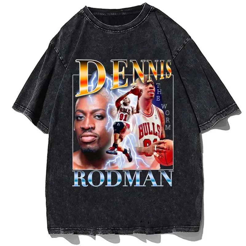 Hip Hop Streetwear Men Dennis Rodman T Shirt Rapper Print T-Shirt Washed Short Sleeve Harajuku Tee Tshirt Portrait Graphic