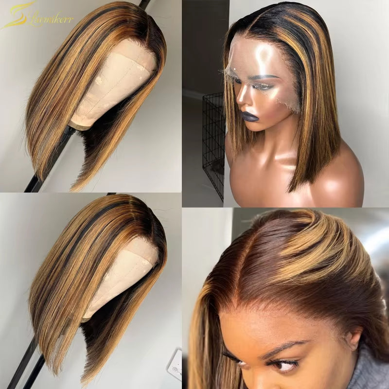 13X6 Highlighted Wig Ombre Brown Honey Blonde Short Bob Wig HD Lace Front Wig Colored 360 Frontal Human Hair 4X4 Closure Wig