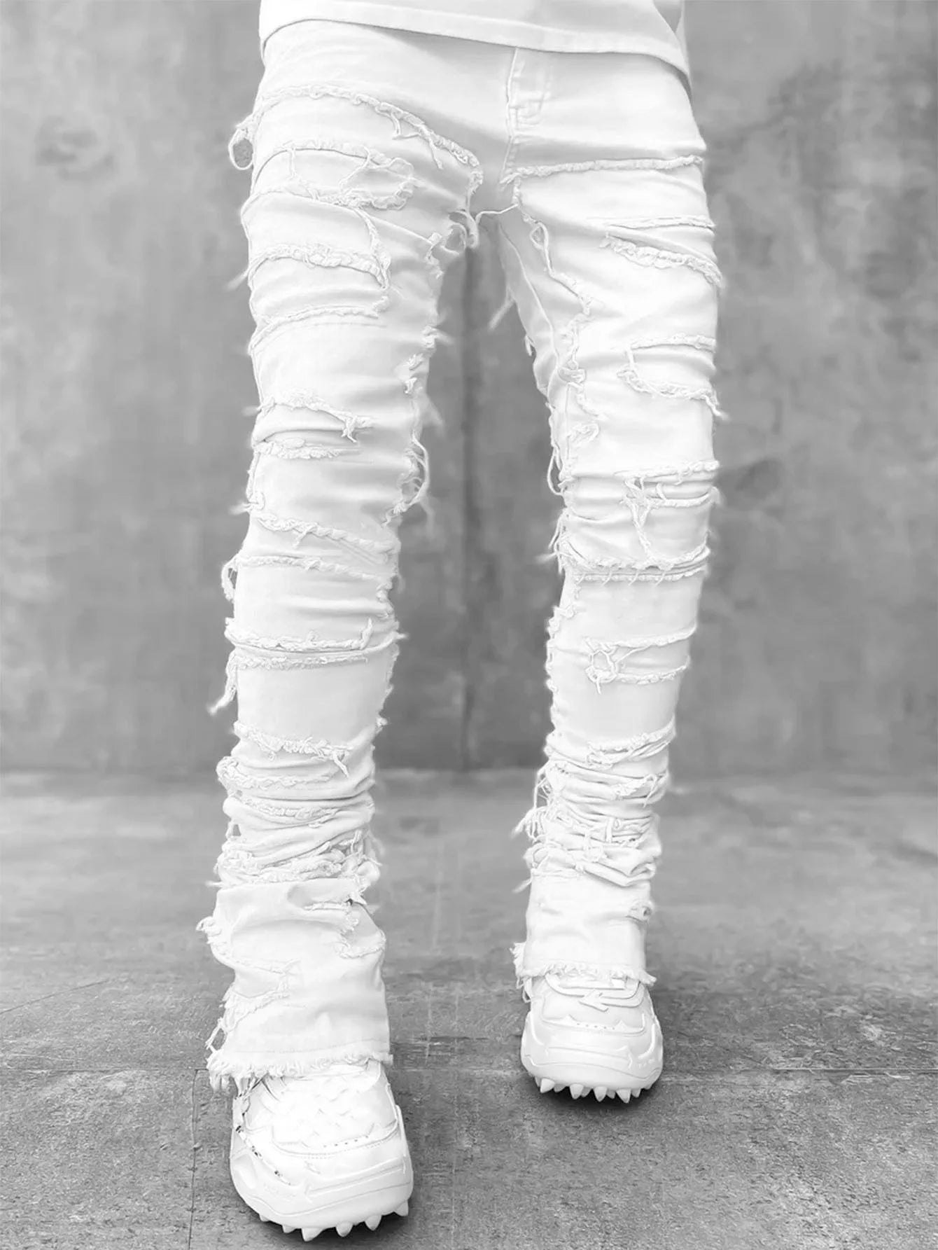 New Premium Vintage Blue Stacked Jeans for Men Stretchy Raw Frayed Denim Destroyed Washed Patchworks Pants