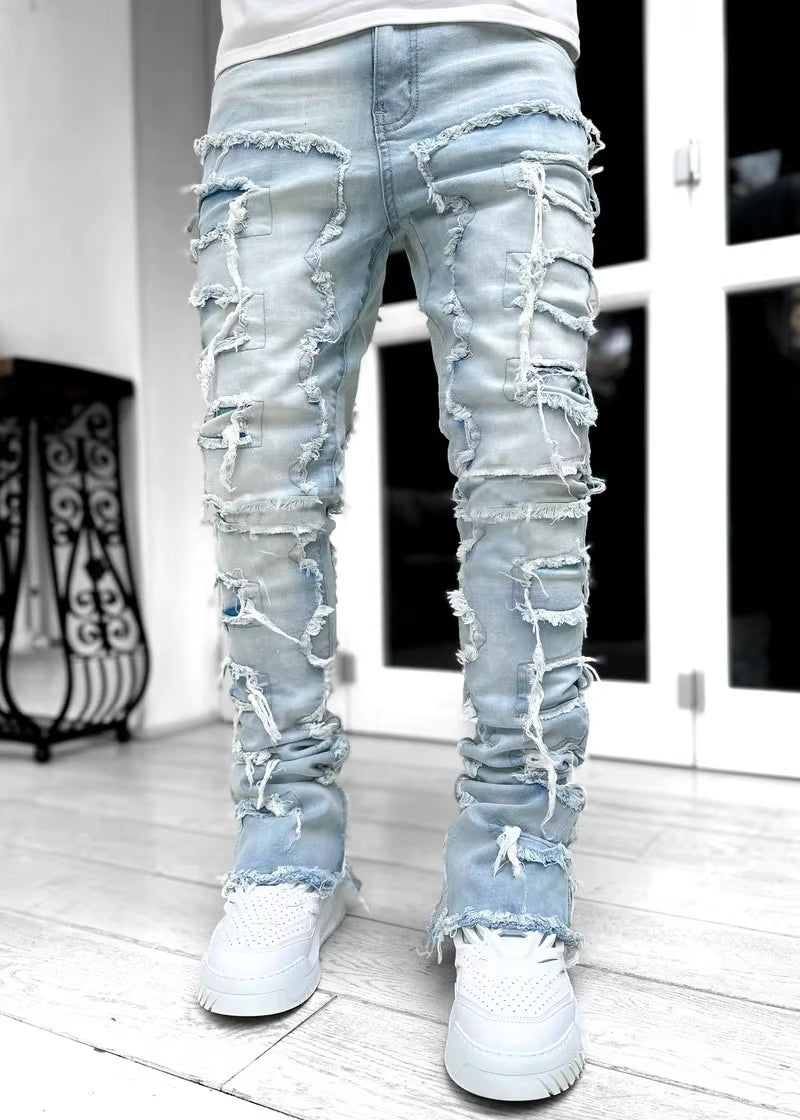 New Premium Vintage Blue Stacked Jeans for Men Stretchy Raw Frayed Denim Destroyed Washed Patchworks Pants